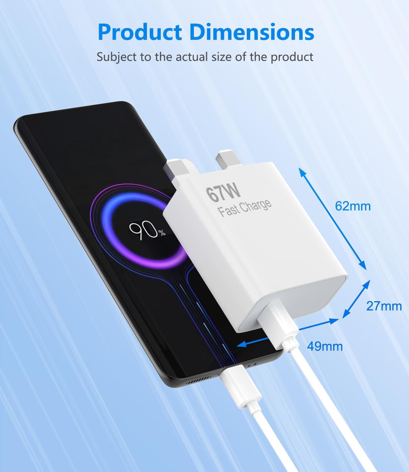 Detalle de VUOHOEG 67W USB-C Charger with 1m Turbo Cable for Xiaomi, Redmi, and POCO