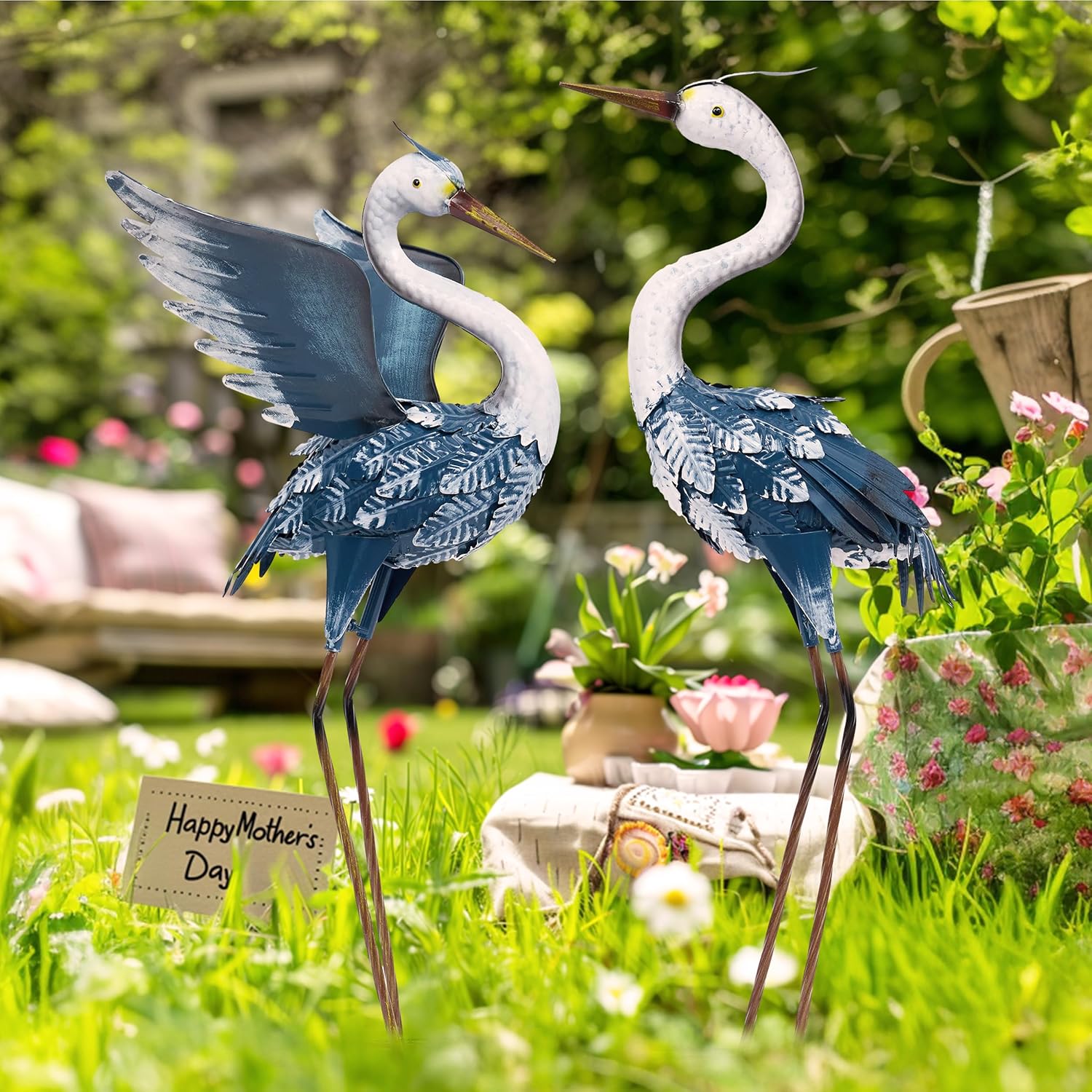 Thumbnail 1 de TERESA'S COLLECTIONS Large Garden Ornaments: 2pc Lifelike Metal Heron Statues for Outdoor Ponds (26 inch)