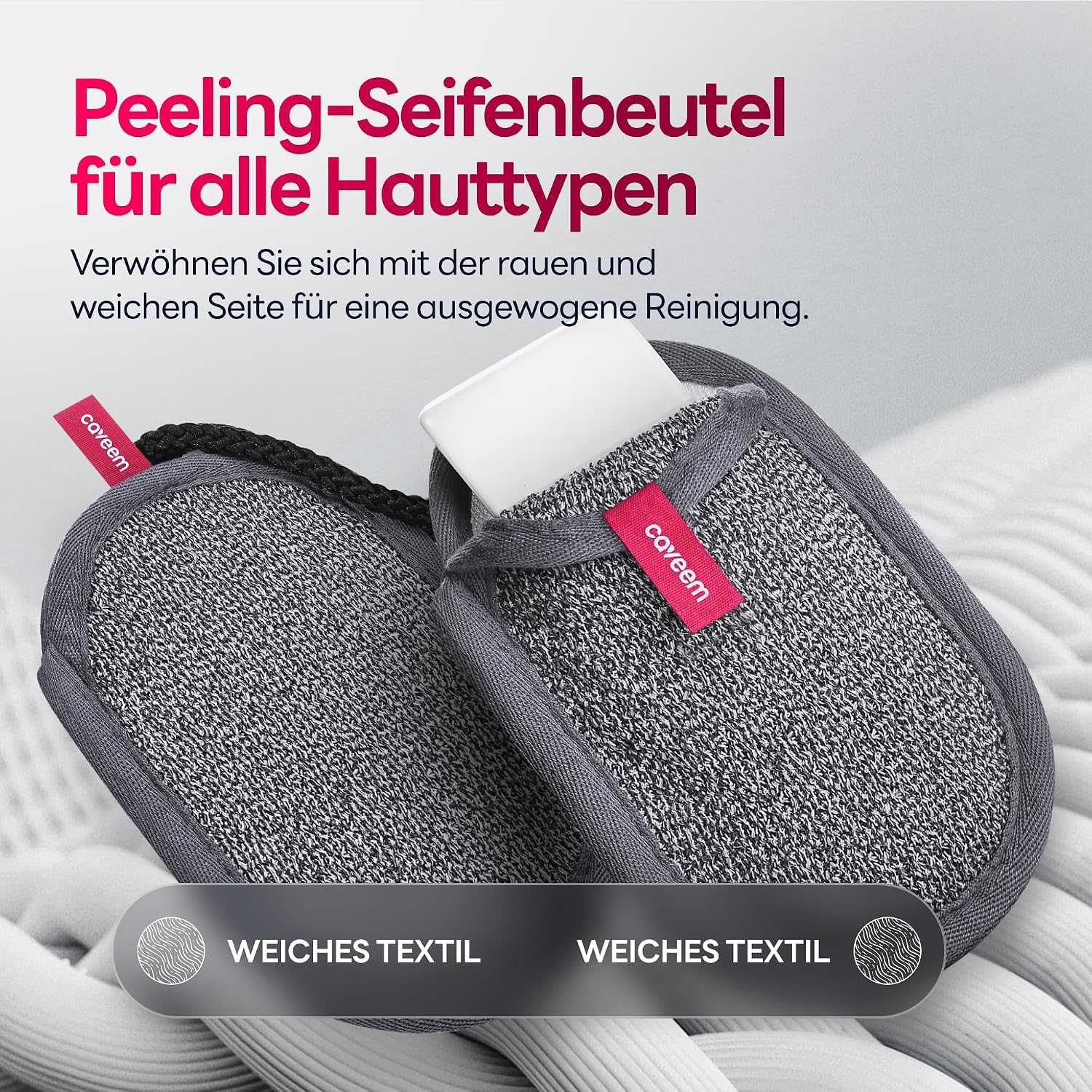 Detalle 2 de CAVEEM Seifensäckchen mit Peeling-Oberfläche (2er-Set) – Dusch- und Badebeutel mit Henkel