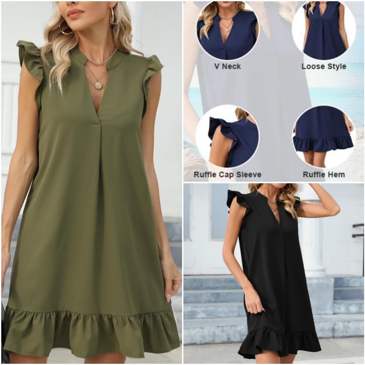 Detalle de Famulily Women’s Solid Colour V Neck Ruffle Trim Cap Sleeve Shift Dress (S–XXL)