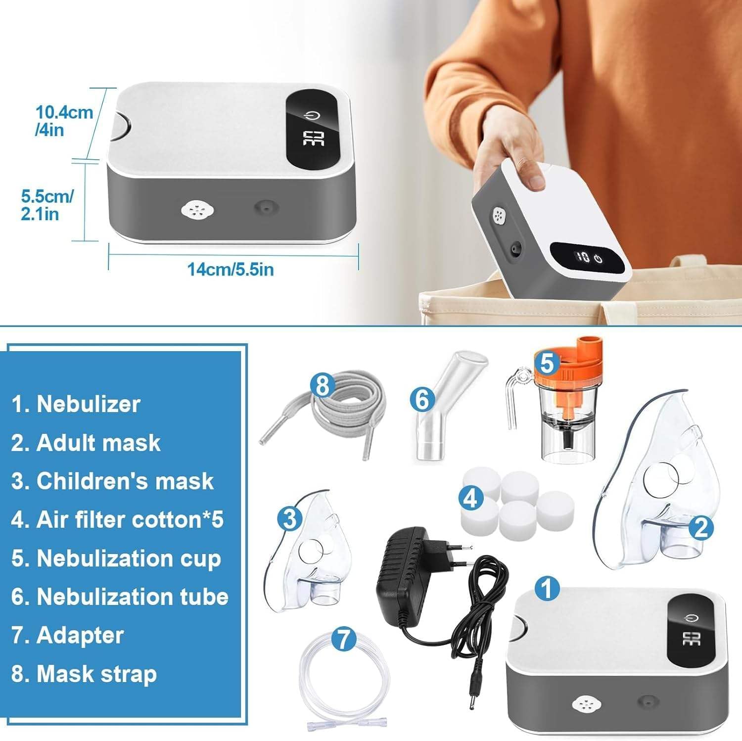 Detalle de Mldnld nebuliser machine for adults, with 2 masks & mouthpiece – portable home travel inhaler