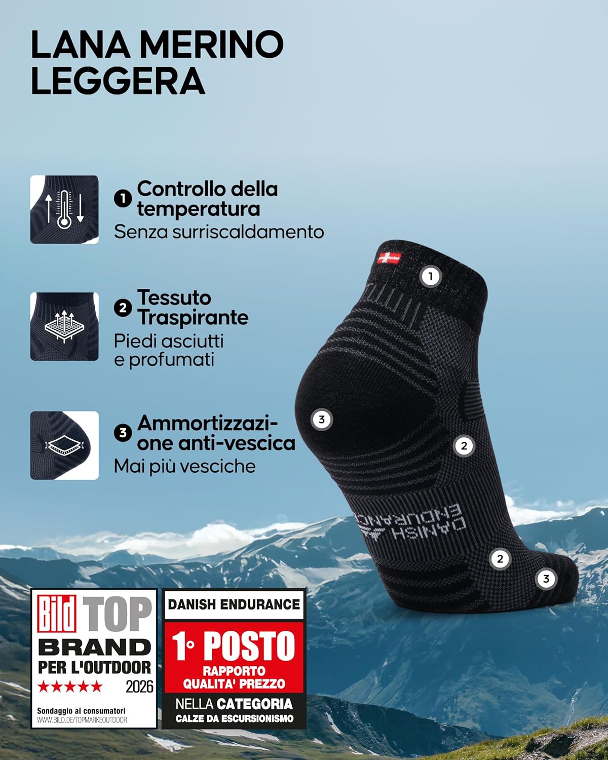 Detalle de DANISH ENDURANCE Calze Trekking Lana Merino – Trekking Corte, anti- vesciche, unisex, 3 paia