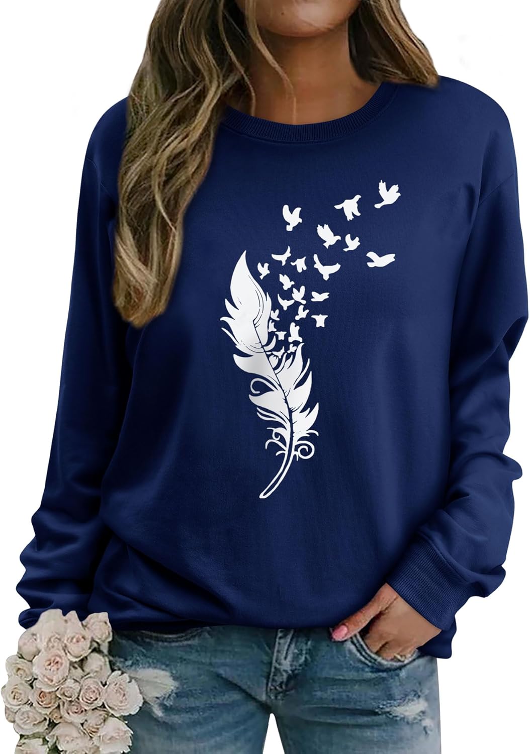Thumbnail 1 de Dresswel Damen Pullover mit Feder & Vogel Grafikdruck (Rundhals, lange Ärmel) – Sweatshirt Langarmshirt