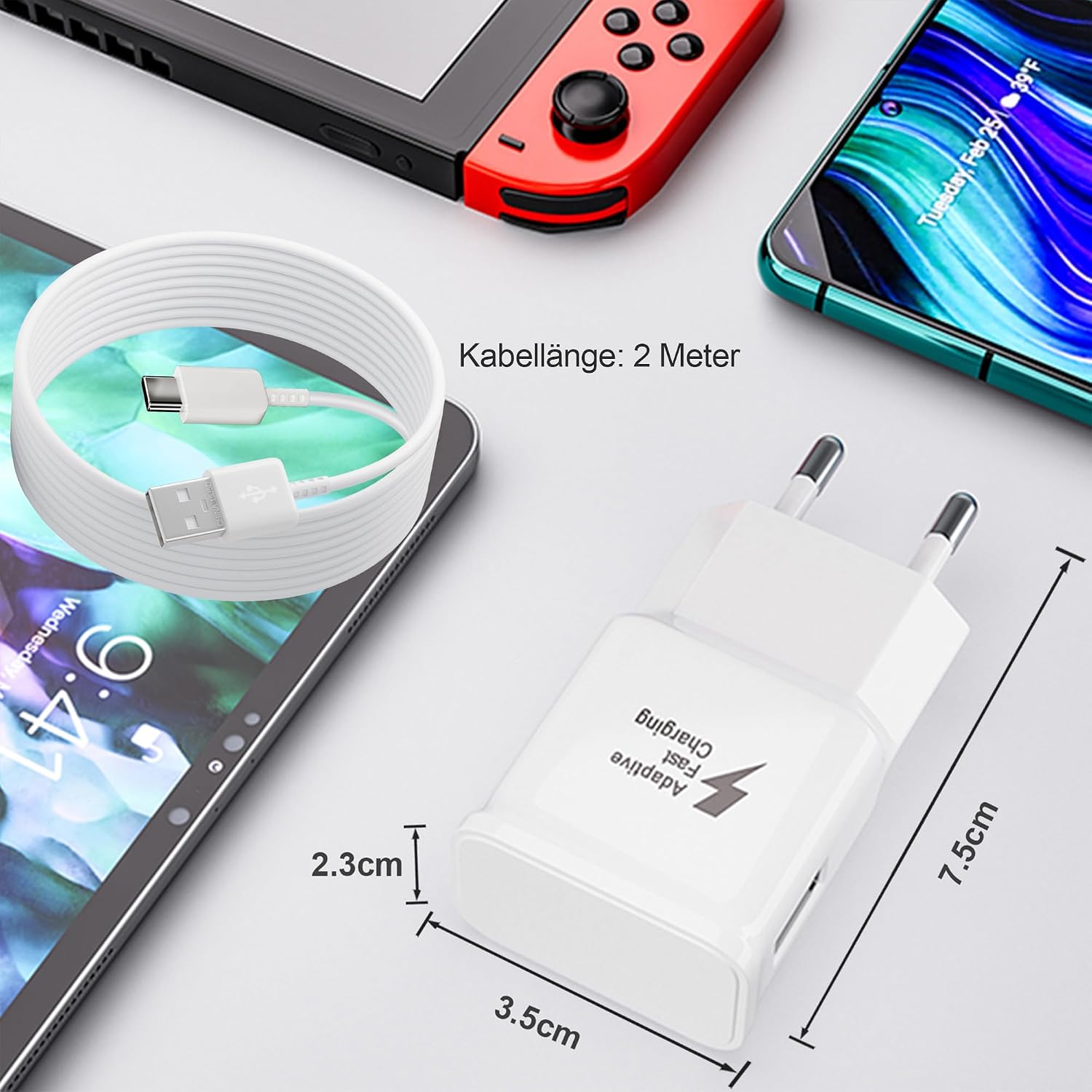 Detalle de 2er-Pack USB-C Schnellladegerät mit 2 m Kabel für Samsung Galaxy & mehr – 15 W