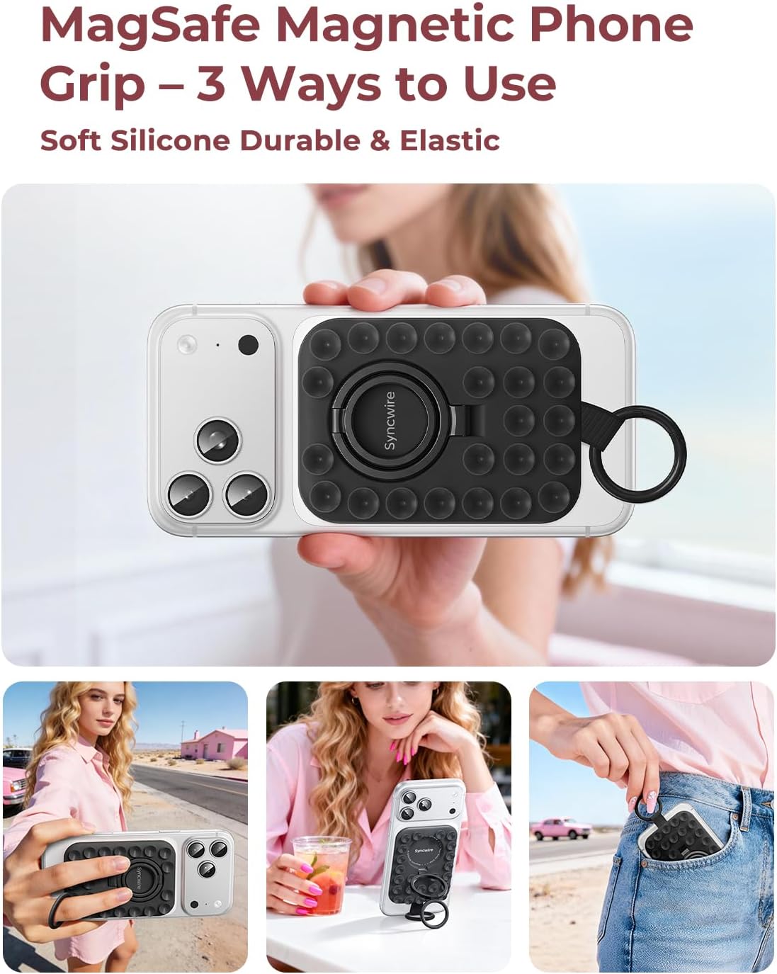 Thumbnail 1 de Syncwire Magnetic Suction Phone Mount for MagSafe (Midnight Black) with Silicone Octo Cup Grip Ring