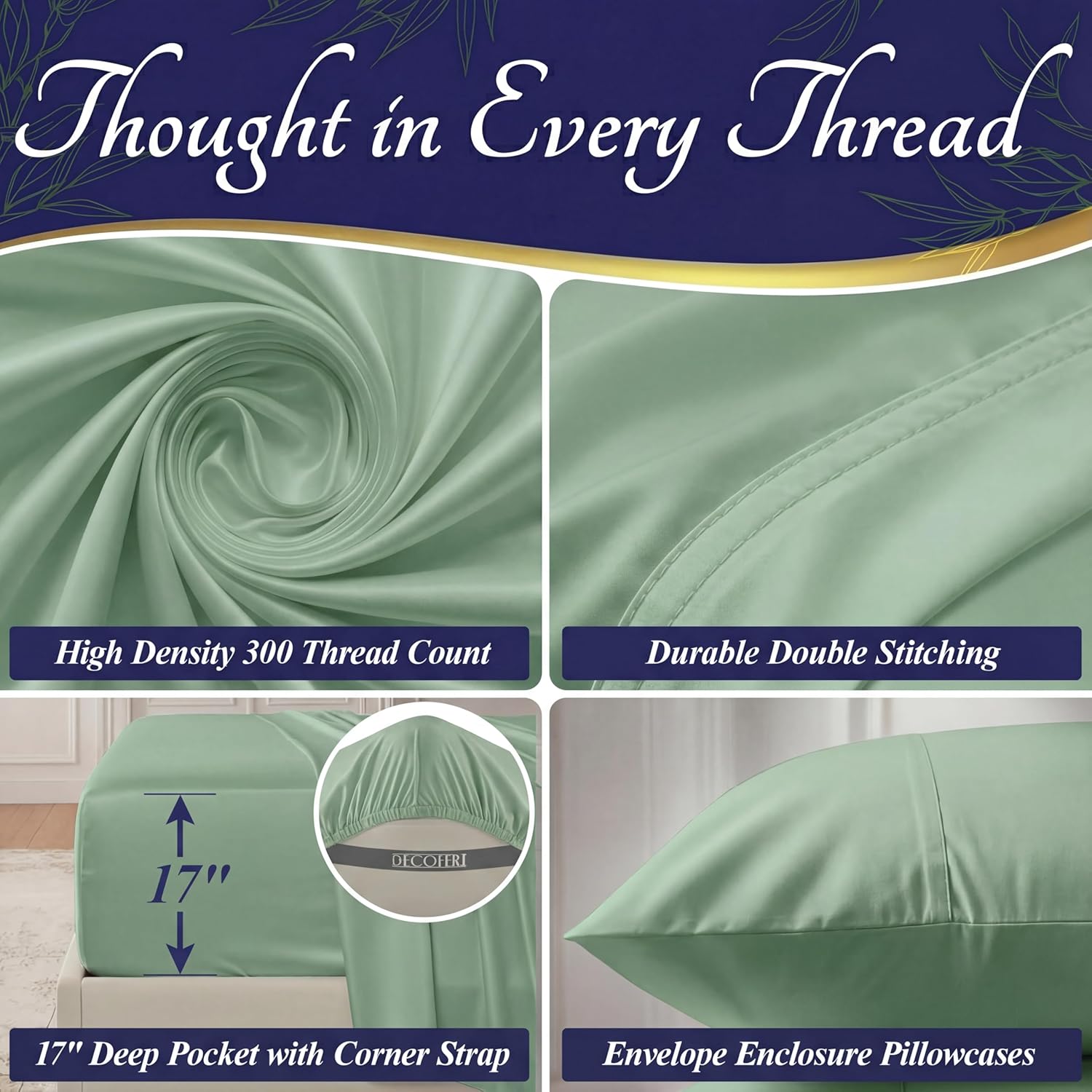 Thumbnail 4 de DECOLURE 100% Viscose Derived from Bamboo King Size Sheets (4-Piece) — Deep 17" Pockets, Sage Green