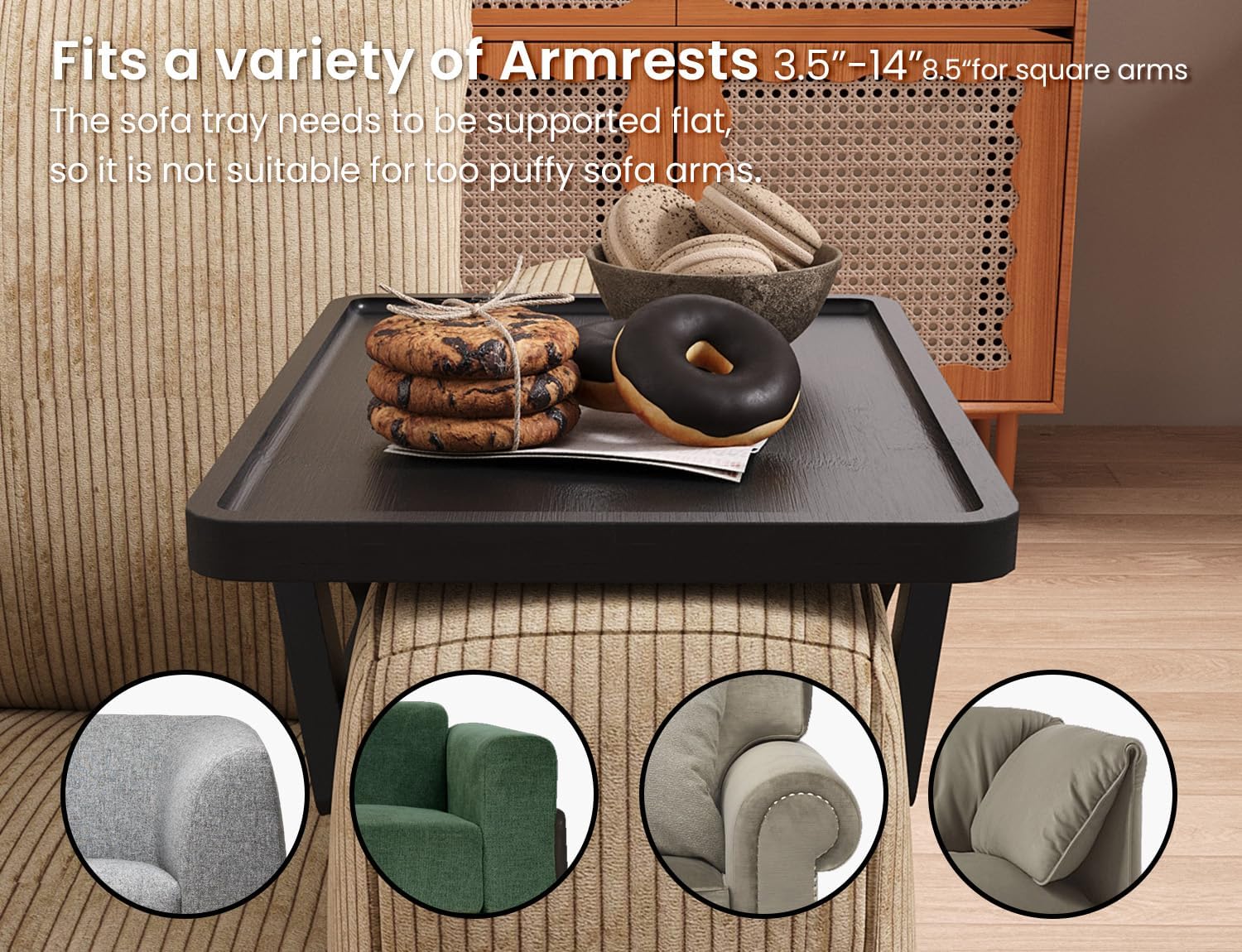 Detalle de Danfoxer 2-Pack Couch Arm Tray (Bamboo, Clip-On) for Drinks, Snacks, Phone & Remote