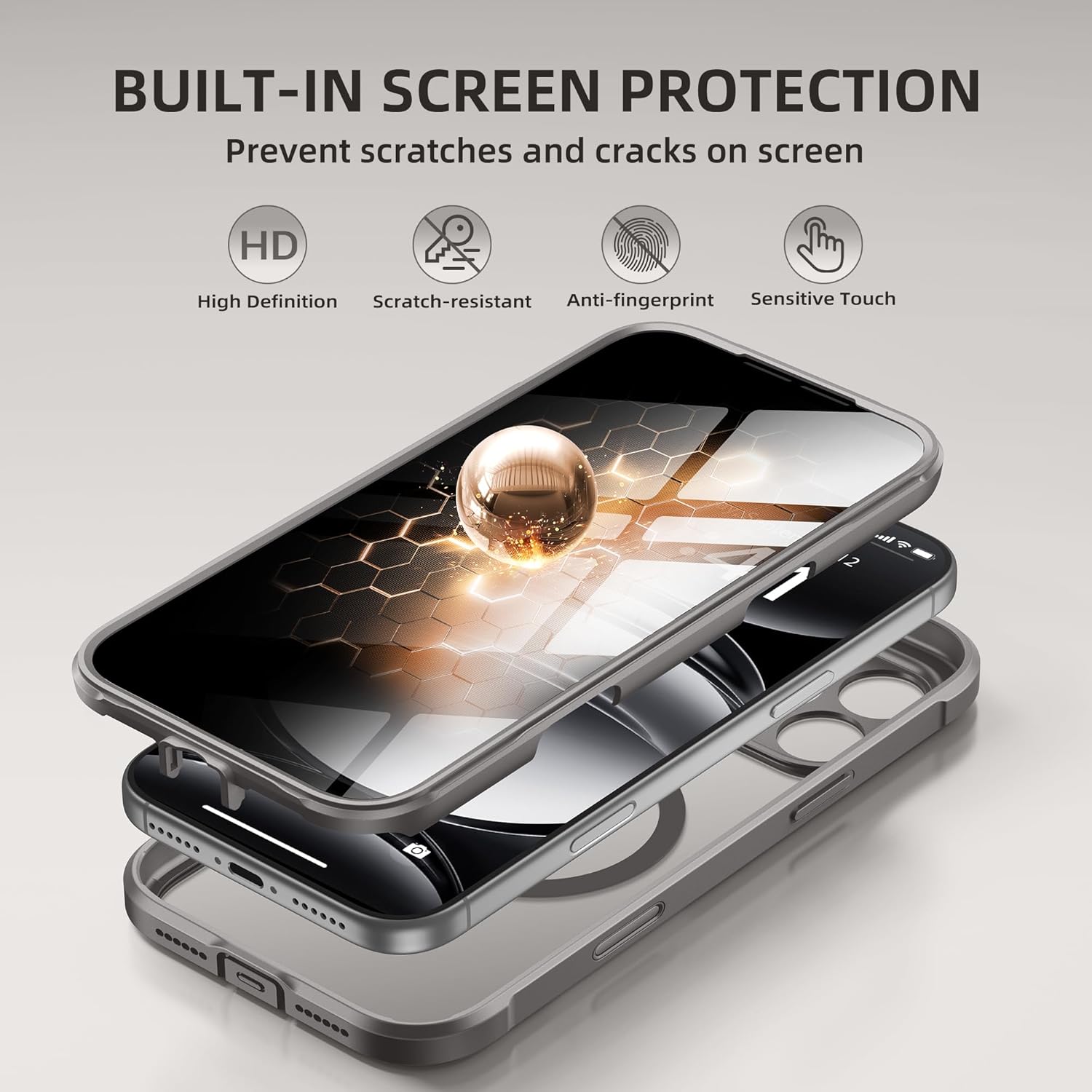 Detalle de BERFY iPhone 17 Pro Max Case with Built-in Privacy Screen — MagSafe Compatible, 360° Shield in Clear Grey