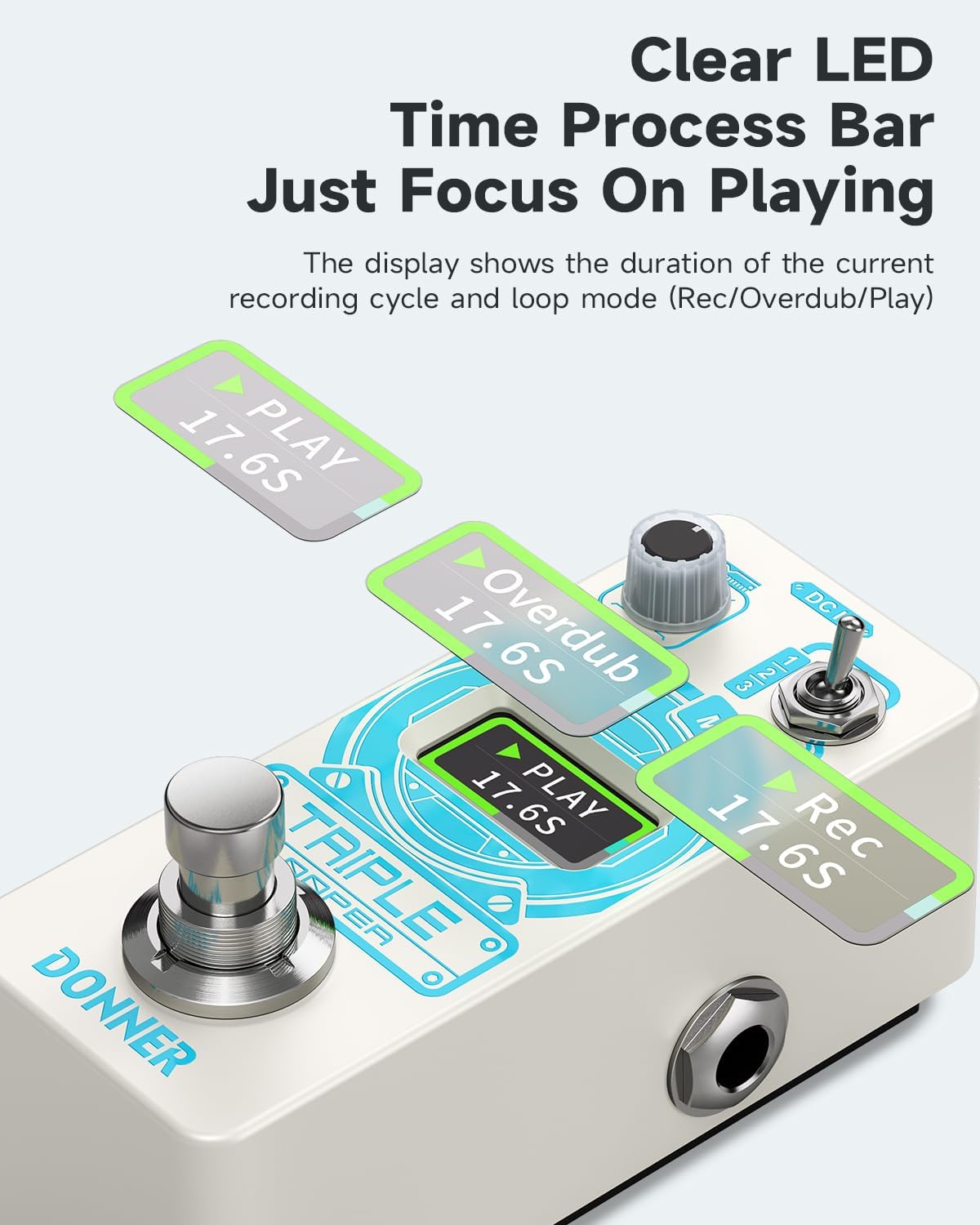 Detalle de Donner Triple Looper Guitar Pedal, 3 Slots, 90-Minute Looping, Screen