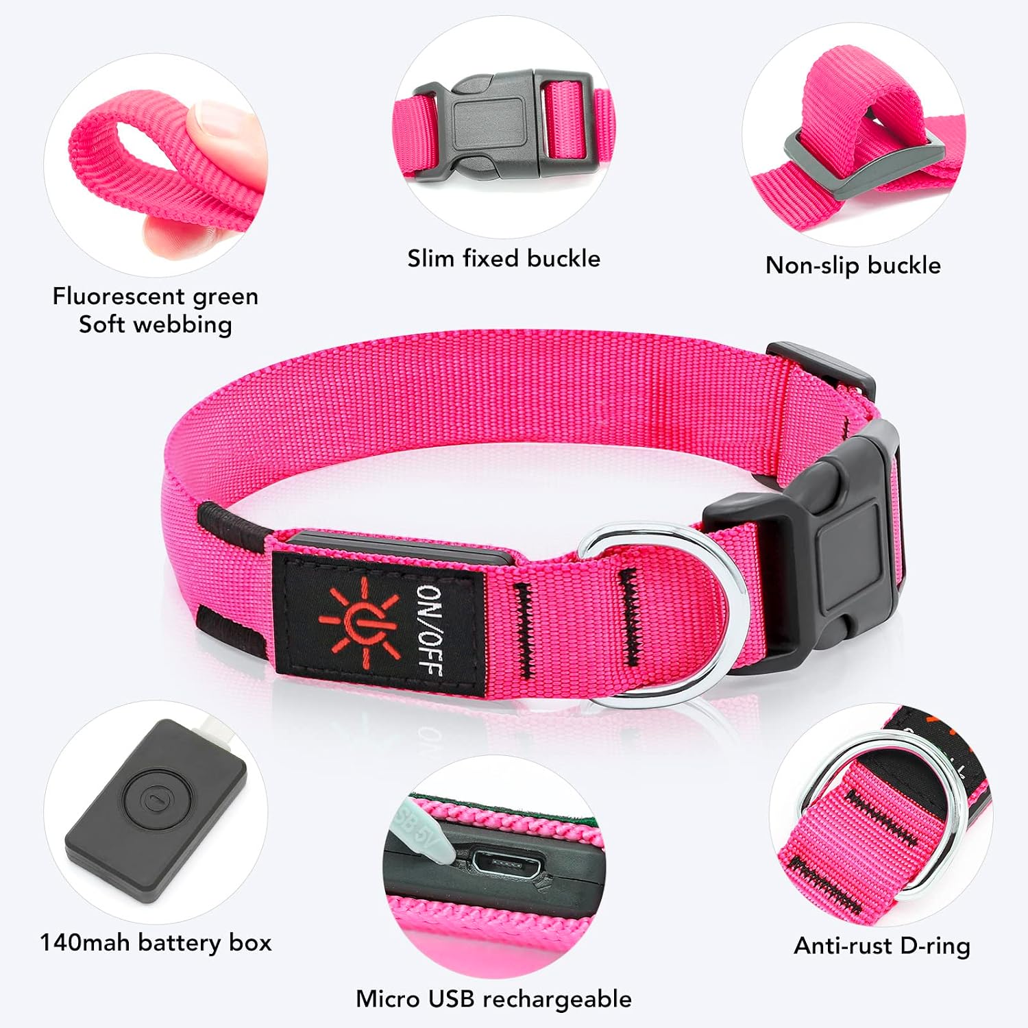 Thumbnail 2 de KOSKILL Leuchthalsband für Hunde, wiederaufladbar per USB, wasserdicht, rosa (M)
