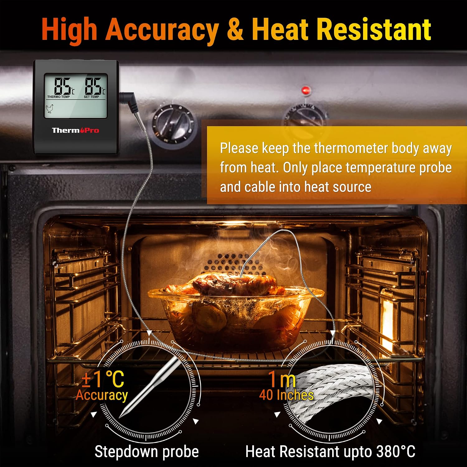 Detalle 2 de ThermoPro TP16B termometro da cucina digitale con ampio display LCD, timer e sensore in acciaio inox