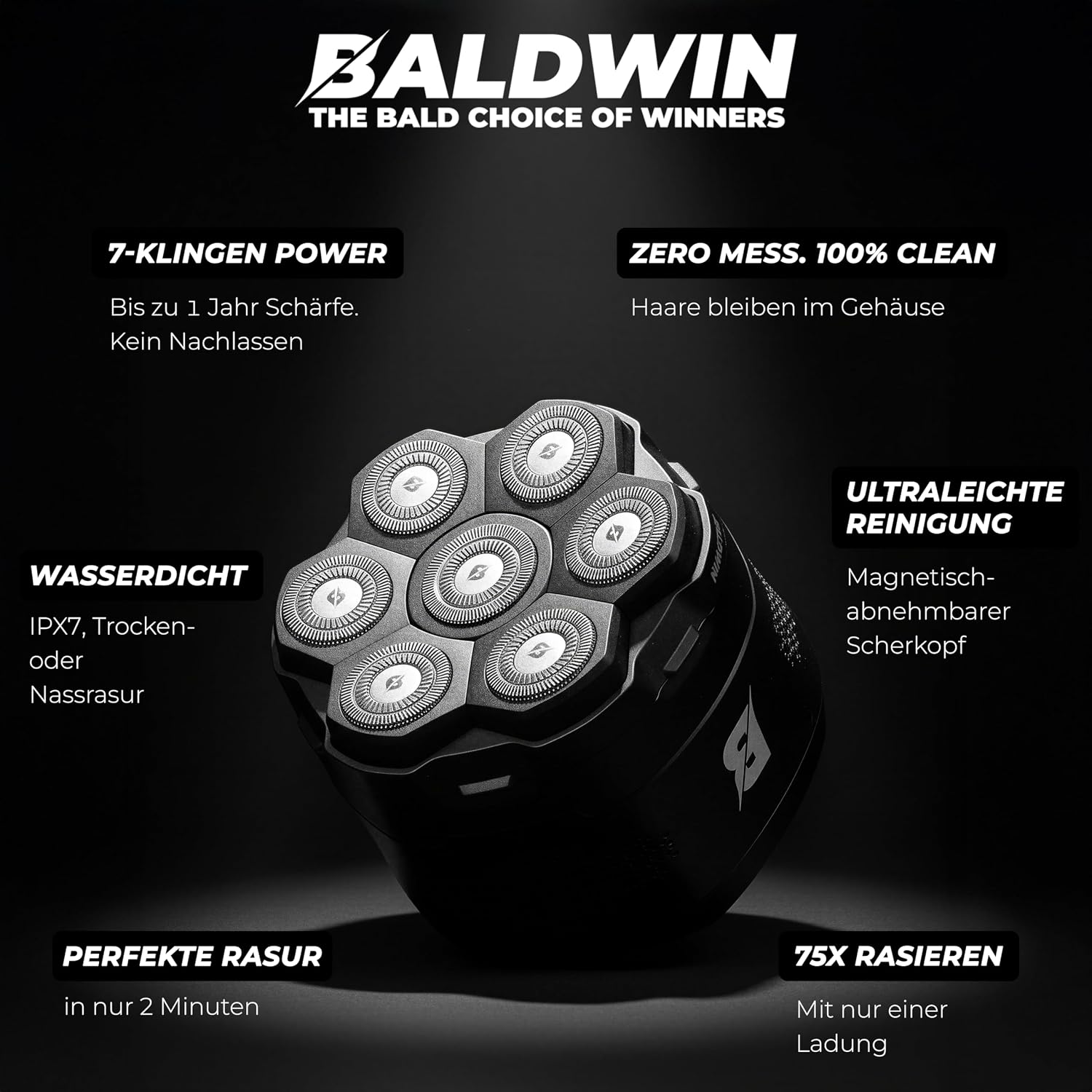 Detalle 2 de BALDWIN Glatzen Rasierer 7D 150 Min Akku