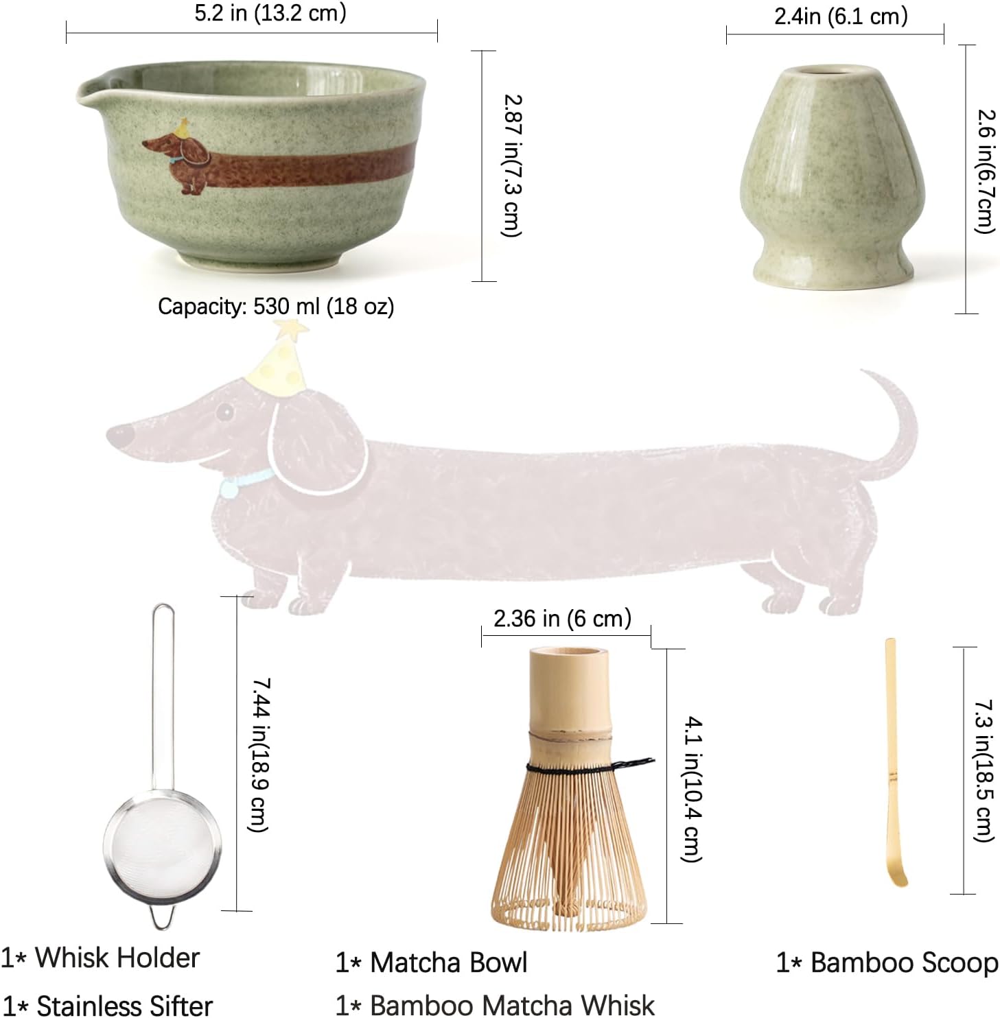 Detalle de Ochcahser 抹茶セット 犬柄の陶器ボウル 500ml/17オンス 注ぎ口付き・竹製茶筅と茶杓