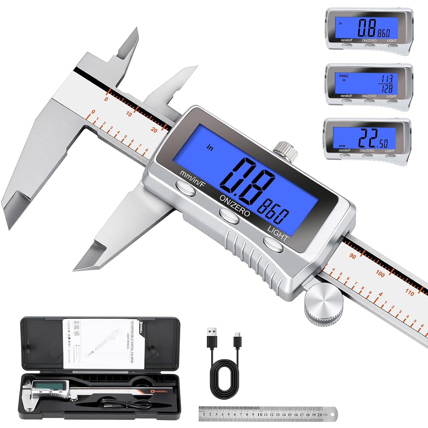 Detalle de HARDELL Rechargeable-150MM Digital Caliper, 6-Inch Metal, USB-C, Backlit