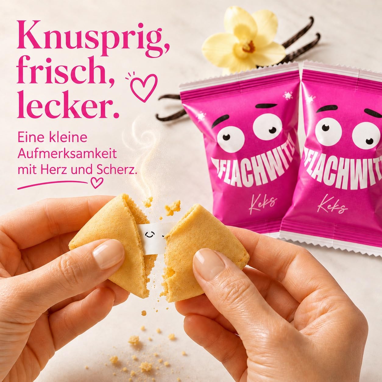 Detalle de Glückskekse Flachwitze pink – vegane Glückskekse mit Flachwitz-Sammelwitzen, 30 Stück, made in Germany