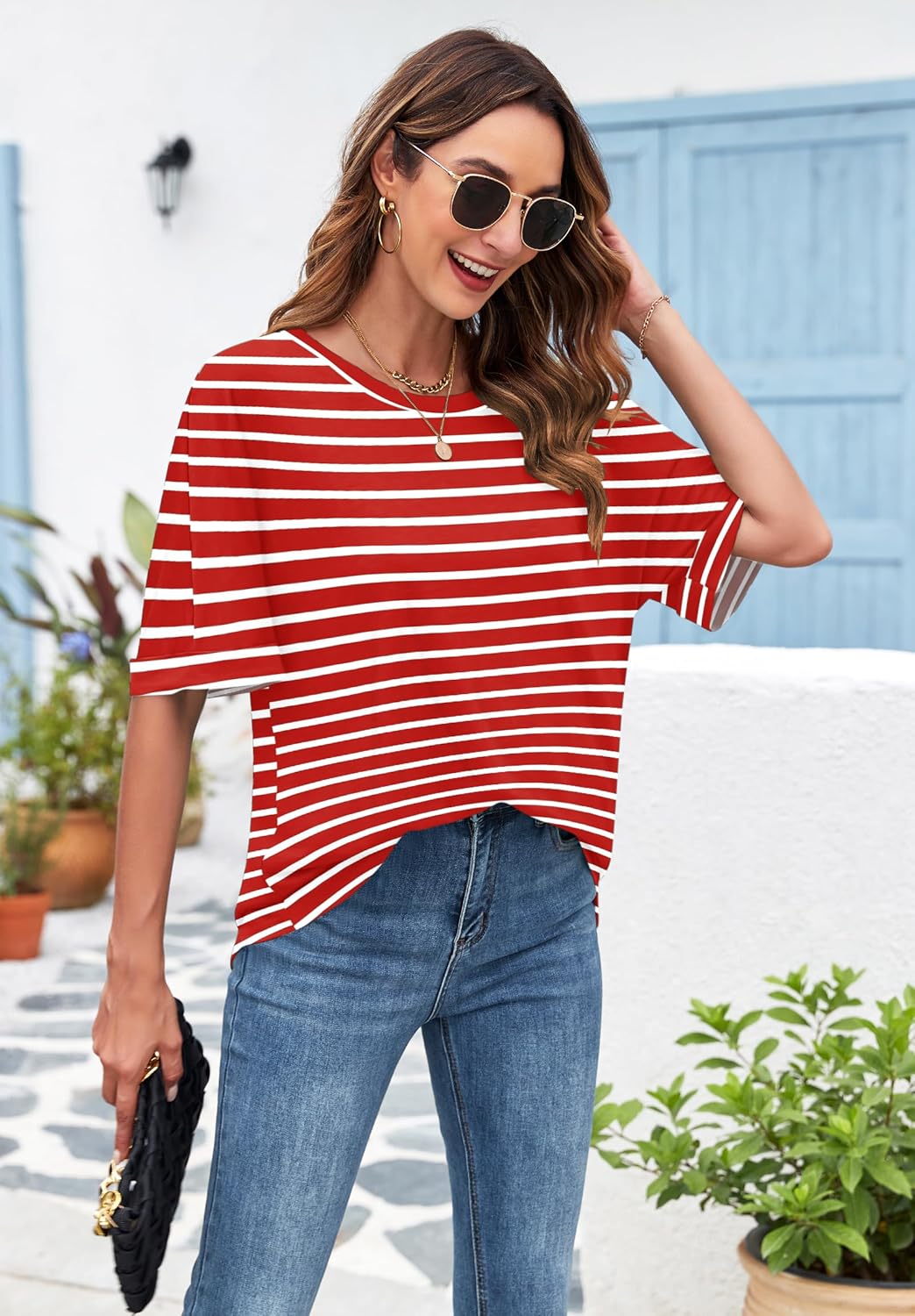 Thumbnail 4 de WNEEDU Oversize Shirt Damen – Kurzarm Rundhals, Leichtes Sommer-T-Shirt mit gekrempelten Ärmeln