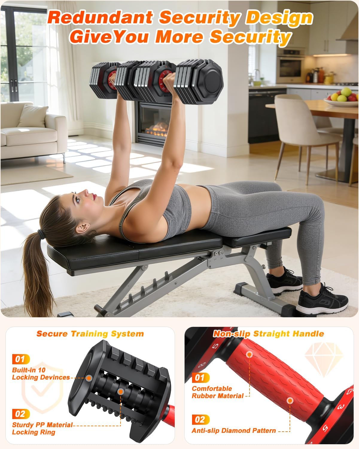 Detalle de XDDIAS Adjustable Dumbbell Set of 2, 3–25 lb Each, 10 Weight Levels