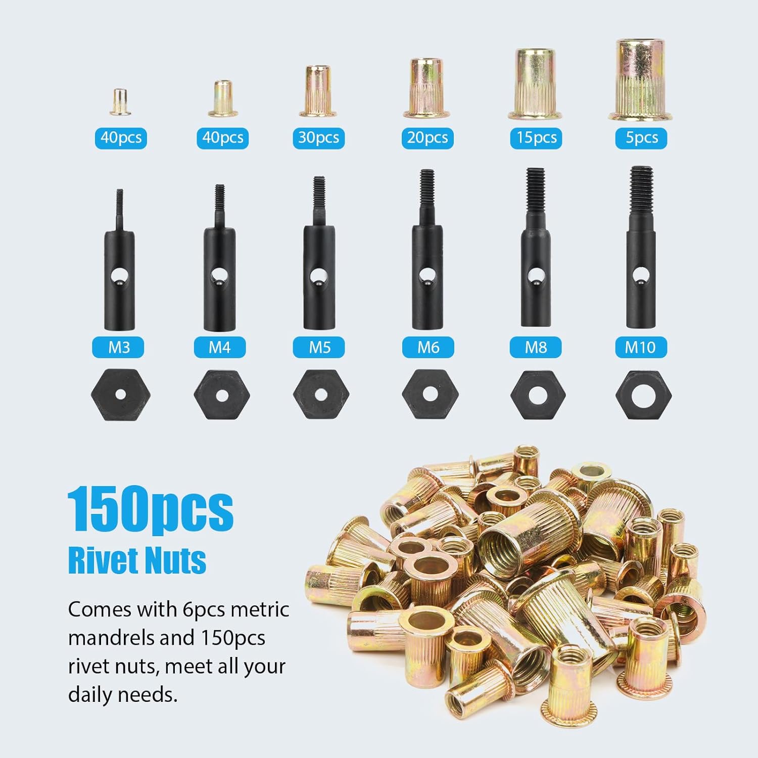 Thumbnail 2 de INCIKITI Rivnut Tool Kit: 14 inch Rivet Nut Gun with 150 Rivnuts and 6 Mandrels