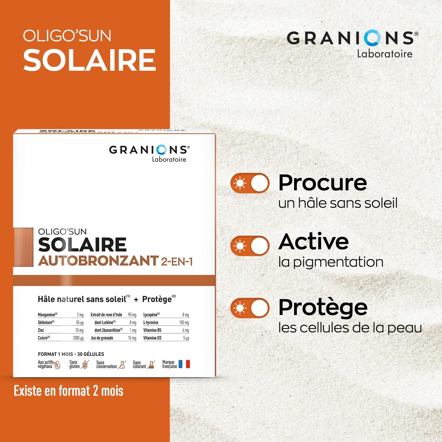 Detalle 2 de BRONZAGE – Autobronzant en gélules 2-EN-1 GRANIONS, complément alimentaire (1 mois, 30 gélules)