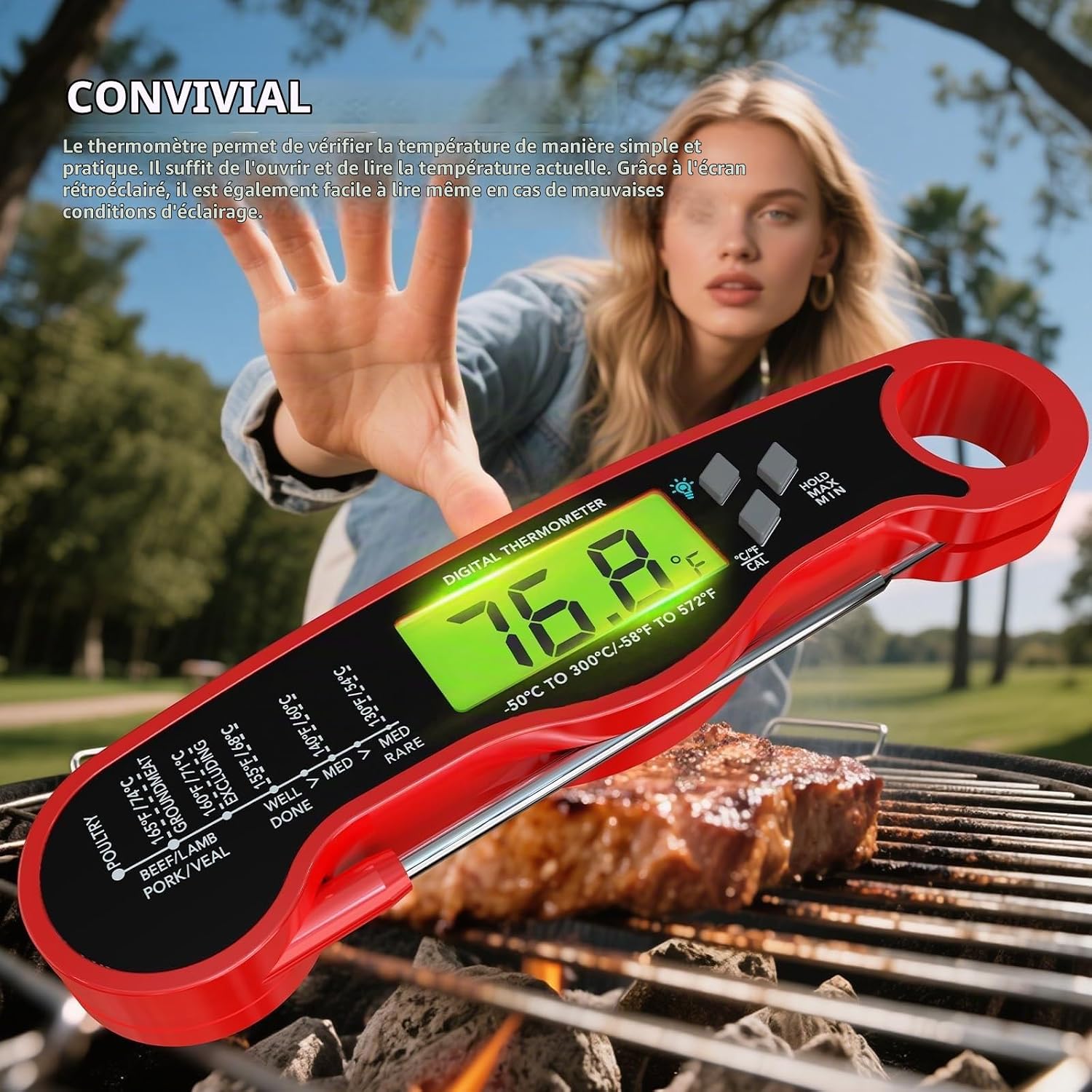 Detalle de AWLKIM digitale vleesthermometer met inklapbare sonde, LCD en magneet