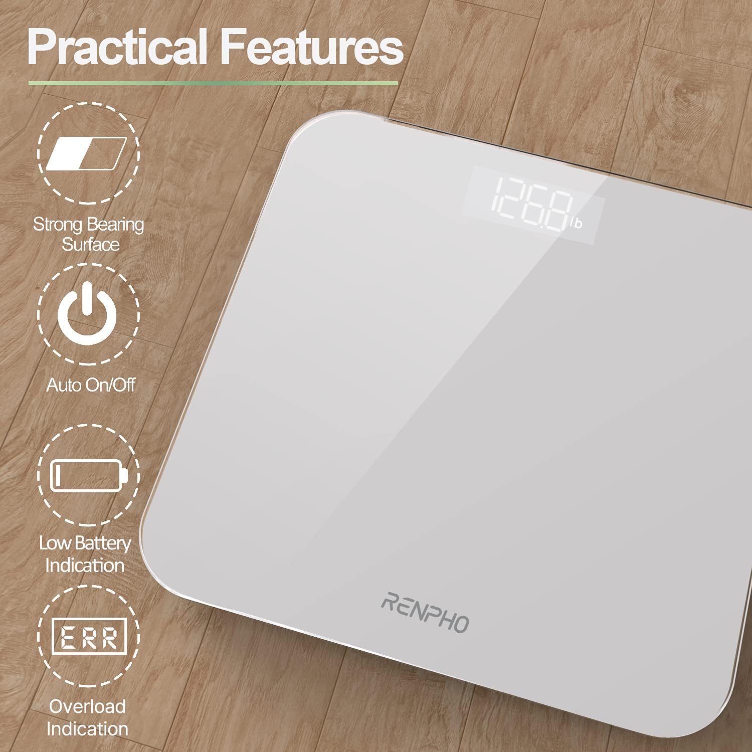 Detalle de RENPHO Pese Personnes Numérique – Balance Pèse-Personne Compacte et Ultraplate avec Ecran LED et Étalonnage Step-On