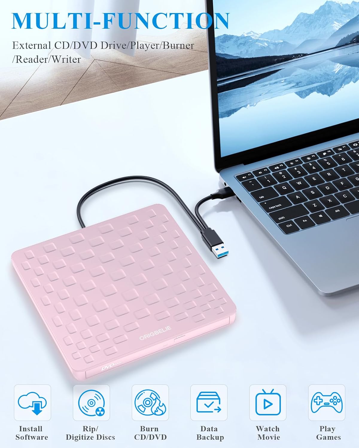 Detalle 1 de ORIGBELIE TP520-Pink External CD/DVD Drive, USB 3.0, Type-C, 13mm