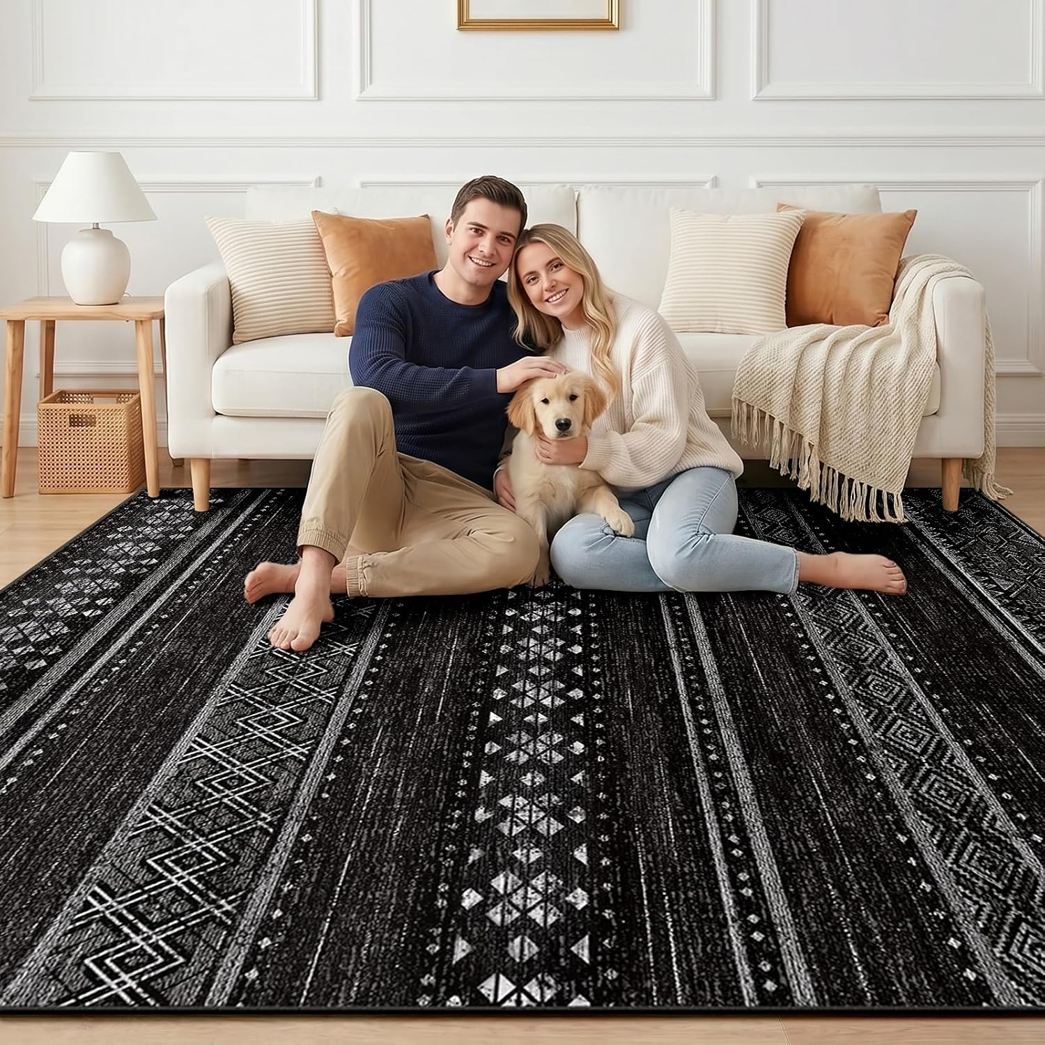 Detalle de BESTSWEETIE 8x10 Geometry Series Area Rug – Black/White Non-Slip, Washable for Living Room