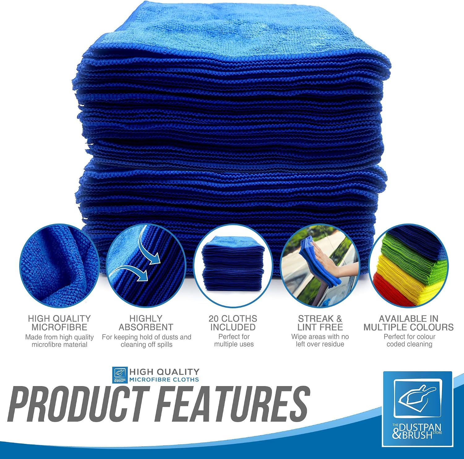 Detalle de TDBS The Dustpan and Brush Store Large Microfibre Cleaning Cloth (40x40cm), Lint-Free, Blue (20 pack)