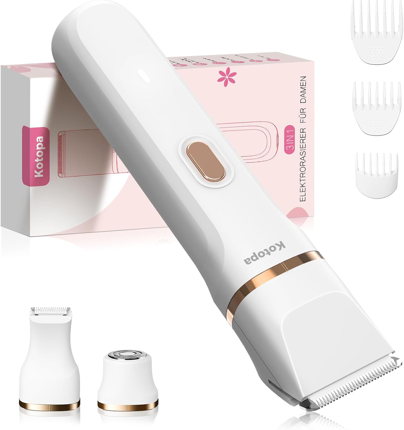 Detalle de Kotopa Intimrasierer für Frauen – 3 Aufsätze, kabellos, IPX7, 1500mAh Akku