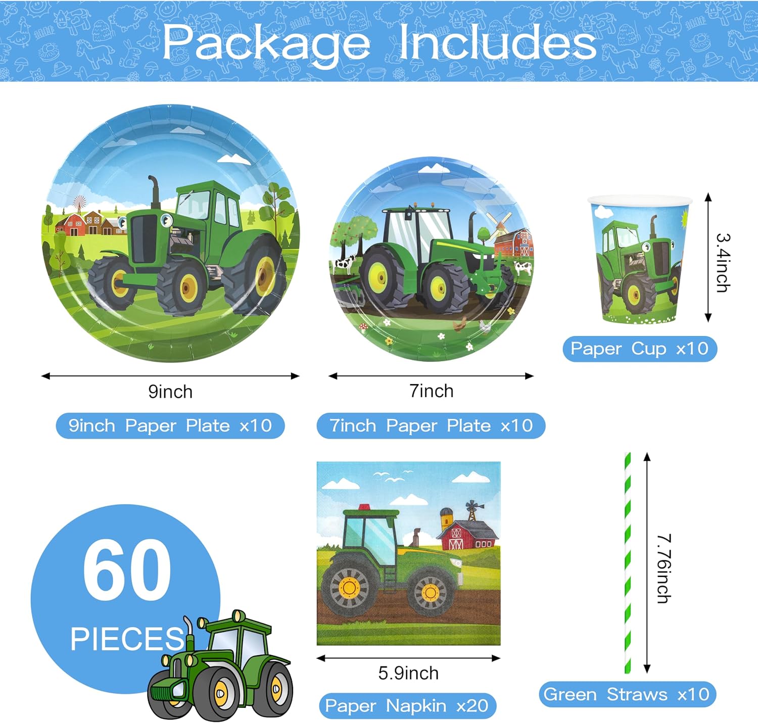 Detalle de BuyCard Traktor Partyzubehör Set – 60 Teile für Geburtstag mit Traktor-Design