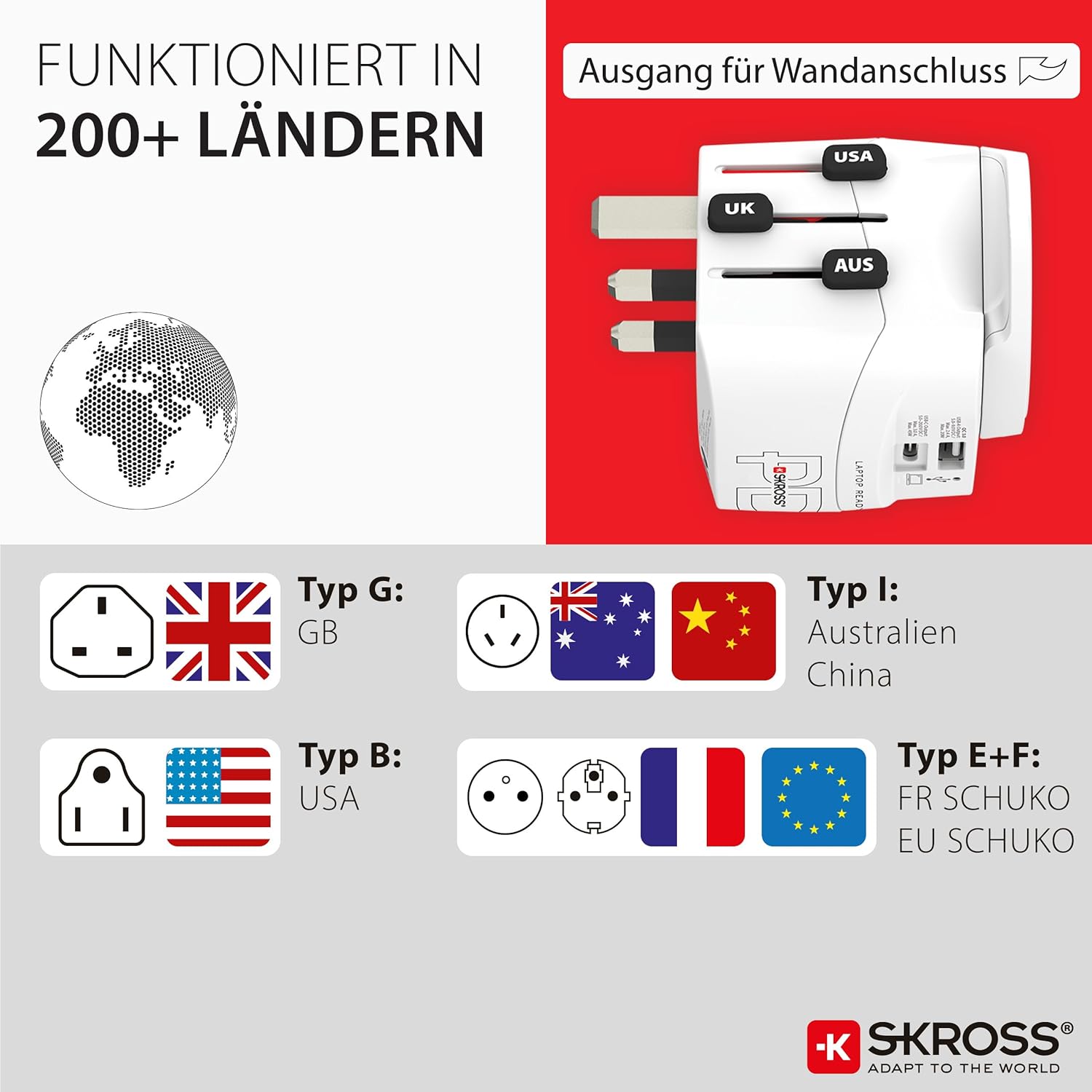 Thumbnail 3 de SKROSS PRO Light USB universeller Reiseadapter mit USB-A & USB-C für USA, UK, Australien und Europa