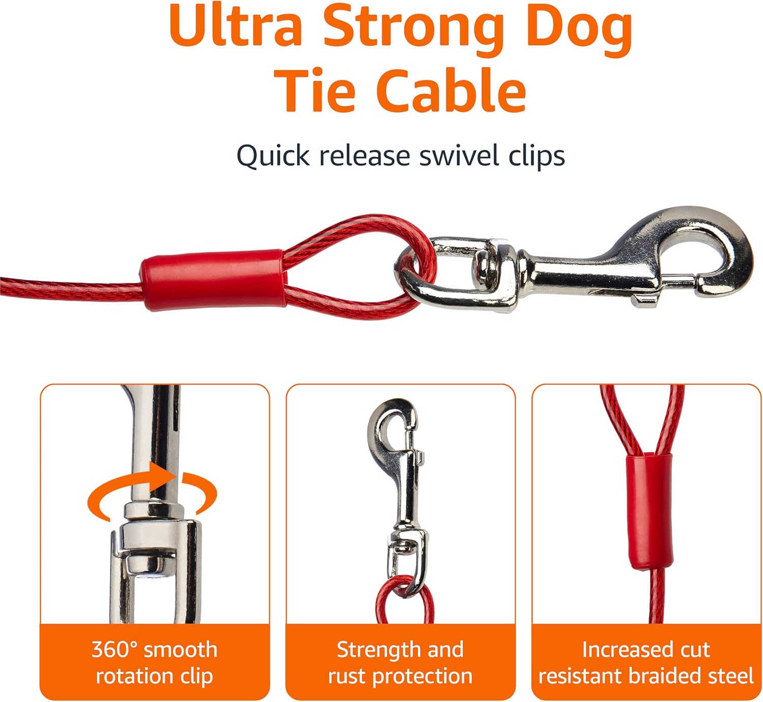 Detalle 2 de Amazon Basics Dog Tie Out Cable, up to 125 lbs, 230 feet, Red