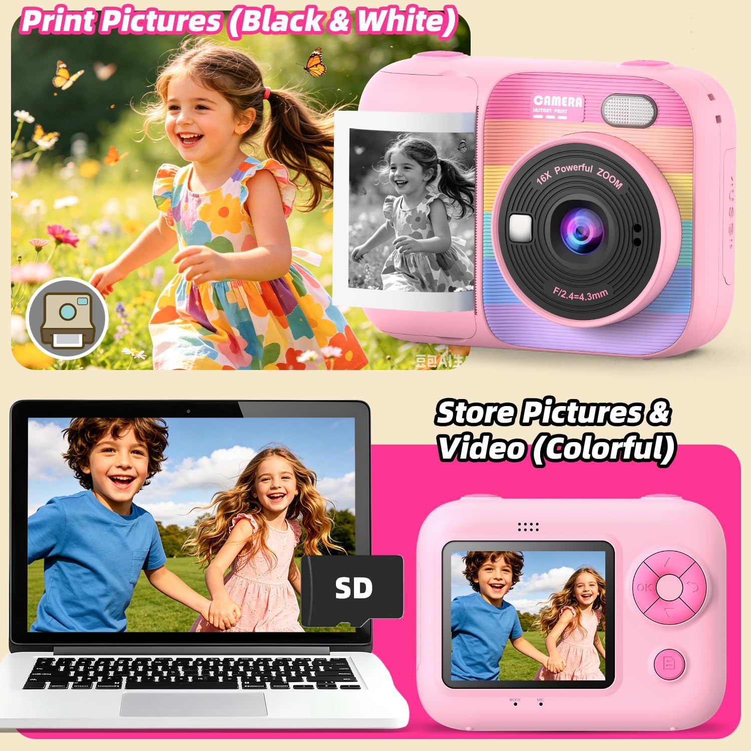 Thumbnail 4 de HOOMOON P97 Kids Instant Print Camera, 1080p Video, Selfie Lens, Pink