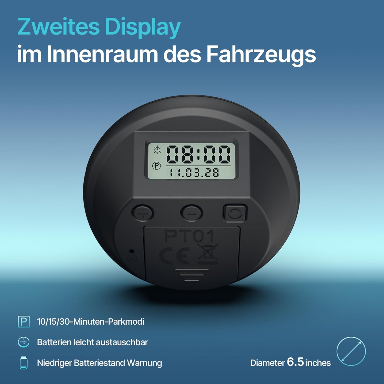 Thumbnail 4 de Parkturon Elektronische Parkscheibe PT01 mit Zulassung – automatische Parkuhr mit 2 Displays und Nachtparkmodus (Schwarz)