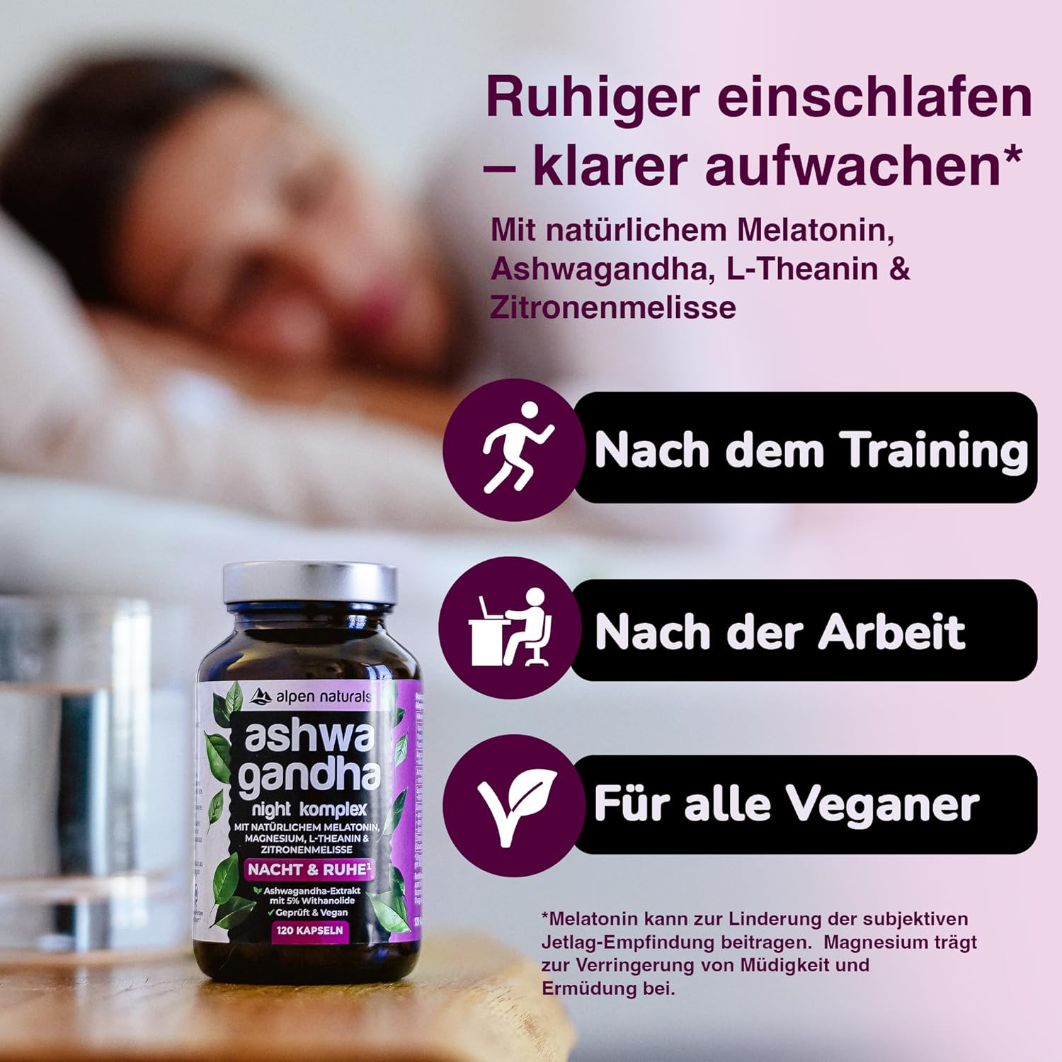 Thumbnail 5 de Ashwagandha Night Komplex – 120 vegane Kapseln mit natürlichem Melatonin, Magnesium & Vitaminen (Made in Germany, laborgeprüft)