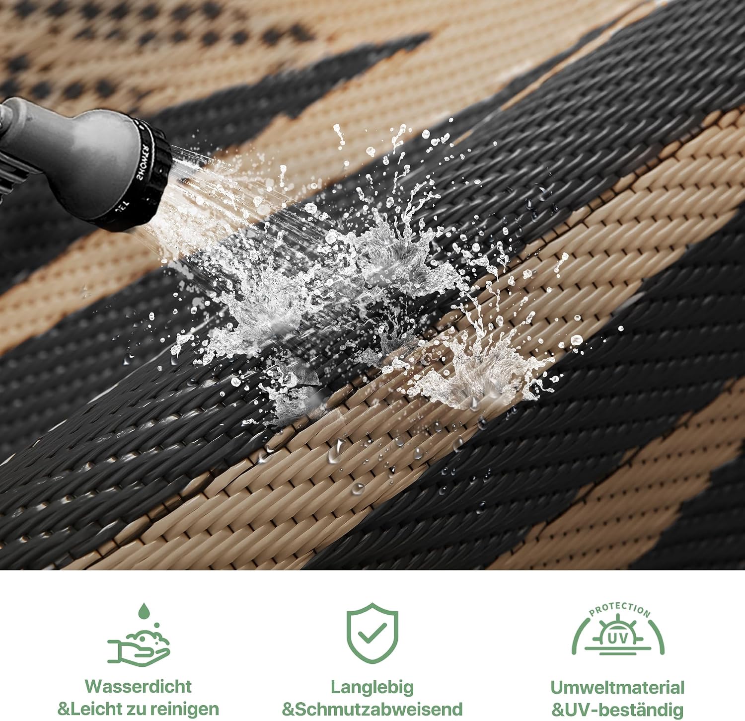 Detalle 2 de GENIMO Outdoor-Teppich Wetterfest 150x240 cm – Balkon-Teppich mit botanischem Blattmuster, waschbar (Schwarz/Braun)
