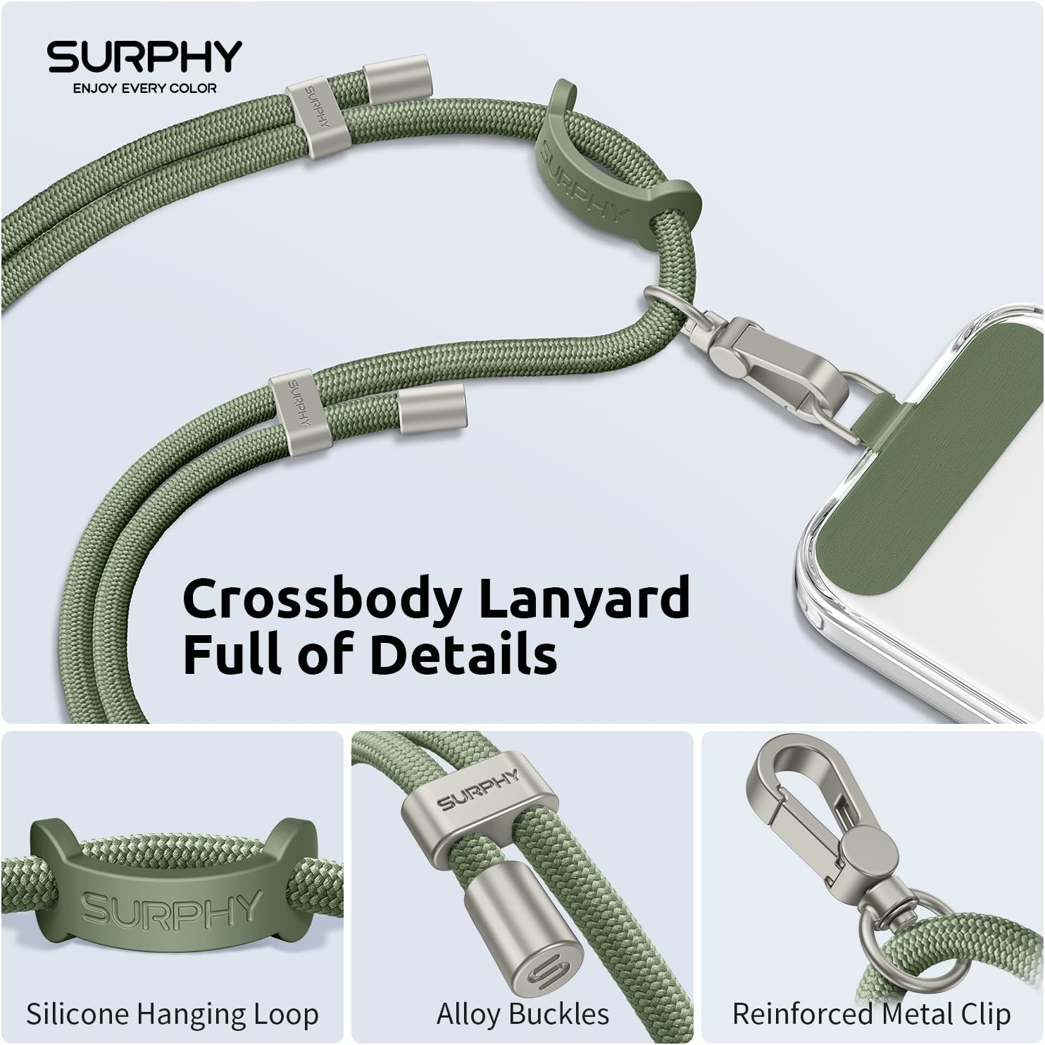 Thumbnail 1 de SURPHY Phone Lanyard Crossbody with 2 Tether Tabs, Adjustable Army Green