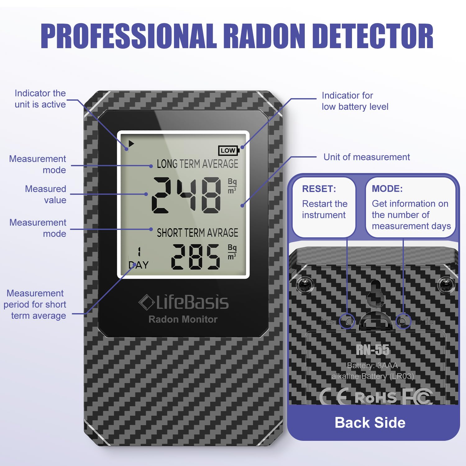 Detalle de LifeBasis Portable Radon Detector with Large Display and Bq/m³ Readings
