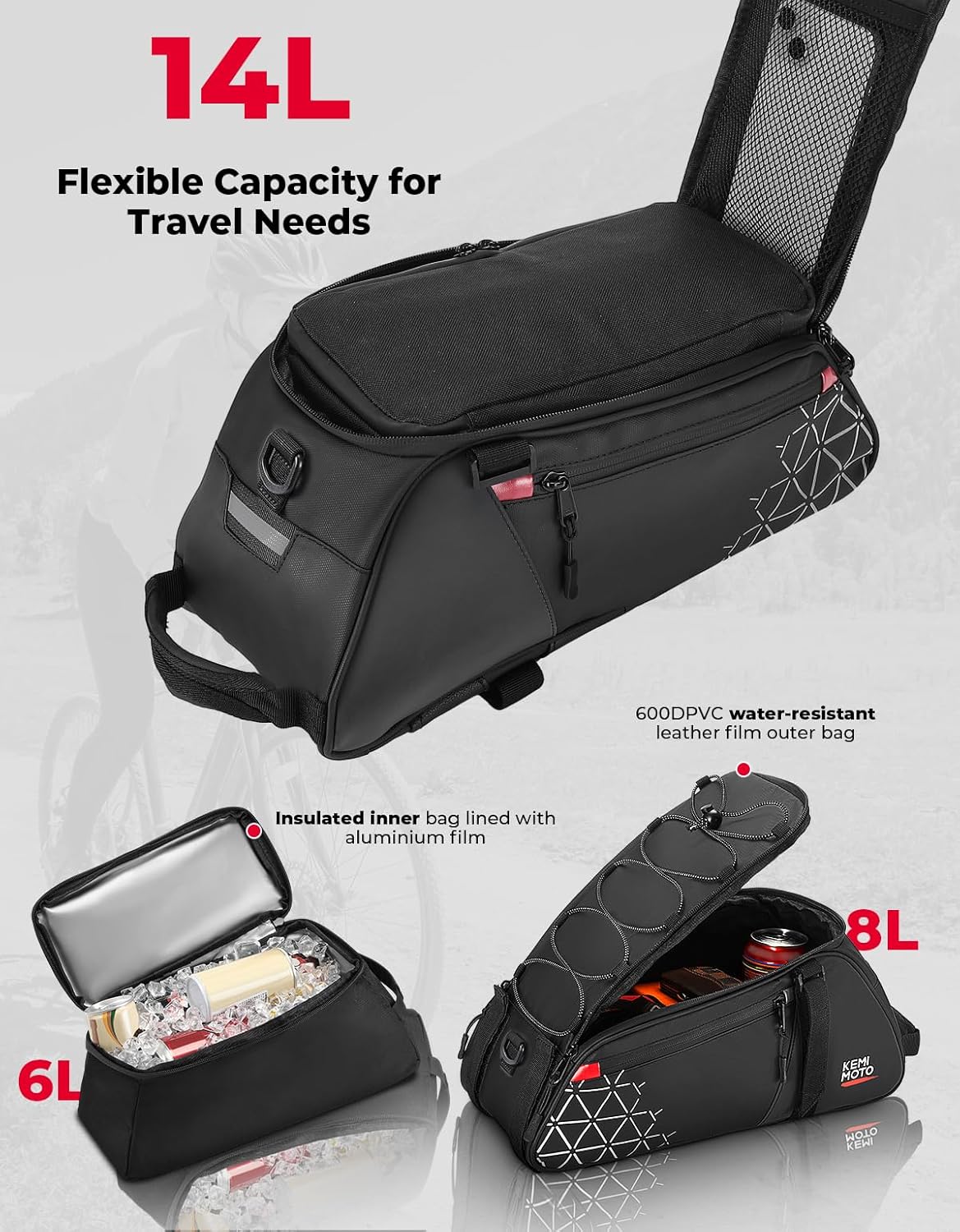 Detalle 2 de KEMIMOTO 14L sacoche vélo arrière 2 en 1 avec poche isotherme amovible 6L et compartiment 8L
