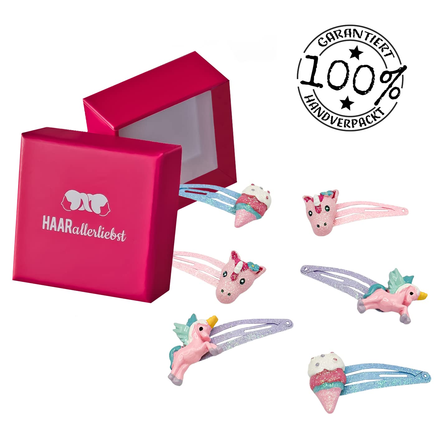 Detalle de Haarallerliebst Haarspangen Set für Kinder – 6 Stück Einhorn & Eis mit Glitzer, Aufbewahrungsbox weiss