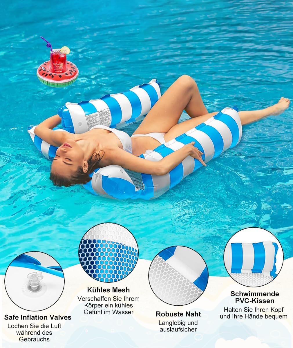 Detalle de Cadoal 2er Set Wasser-Luftmatratzen mit Luftpumpe und Getränkehaltern – 4-in-1 Wasserhängematte für Pool & Strand