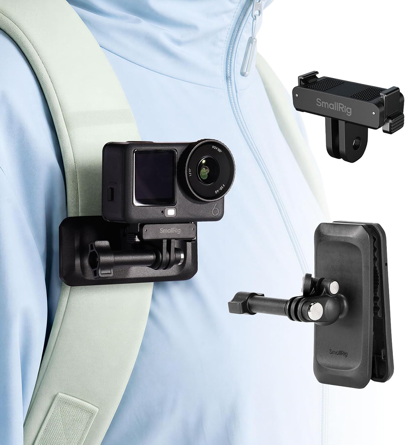 Detalle de SMALLRIG 6307 rugzakclip voor DJI Osmo Action 6/Nano met 360°-balhoofd