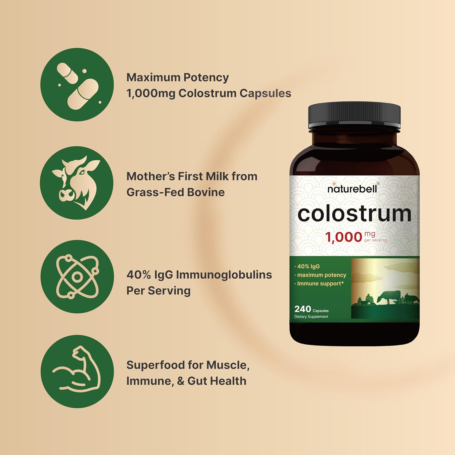 Detalle de NatureBell Bovine Colostrum Capsules, 240 Capsules
