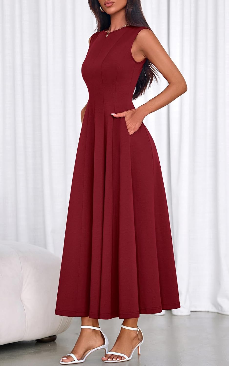 Detalle de PRETTYGARDEN Sleeveless Crewneck Summer Maxi Dress – Elegant, Modest A-Line Style with Pockets
