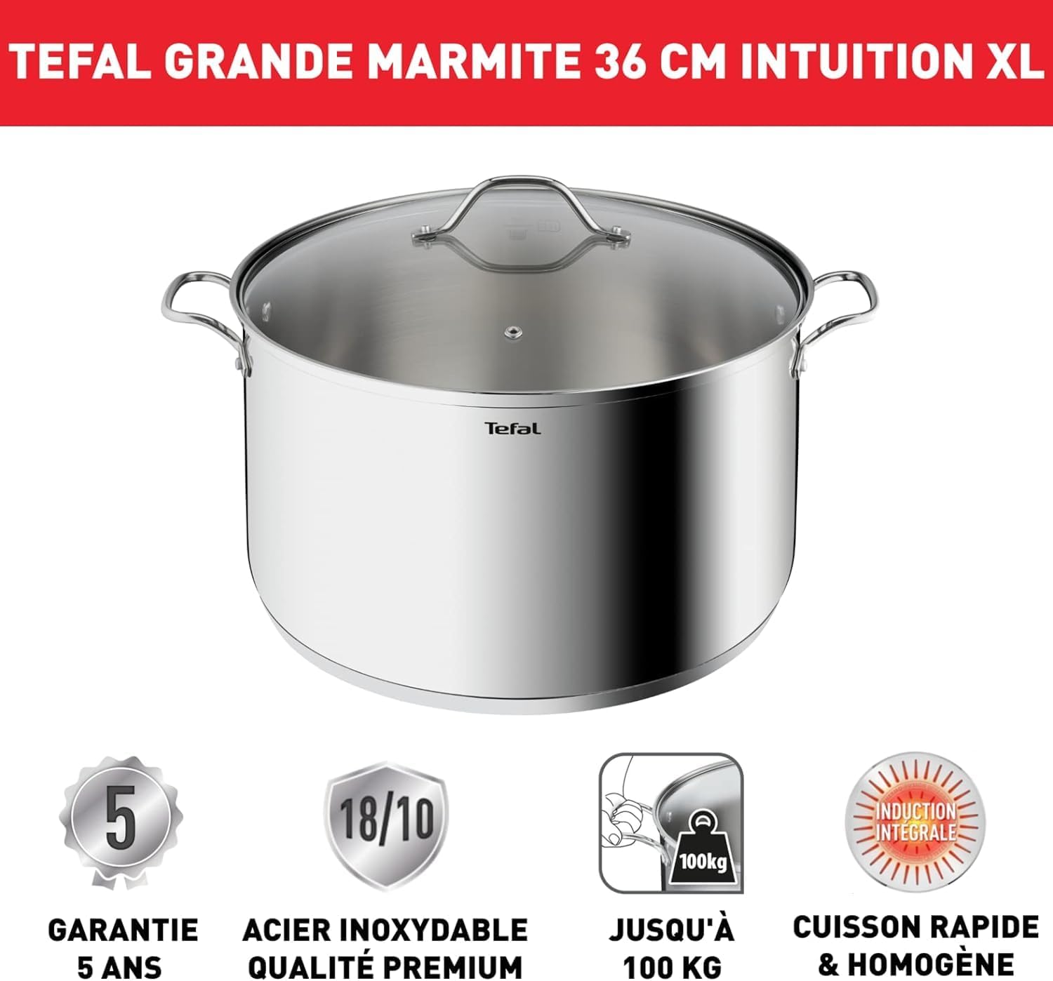 Detalle de Tefal Intuition XL Marmite 36 cm – 17,5 L, inox 18/10, induction, verre et poignée rivetée