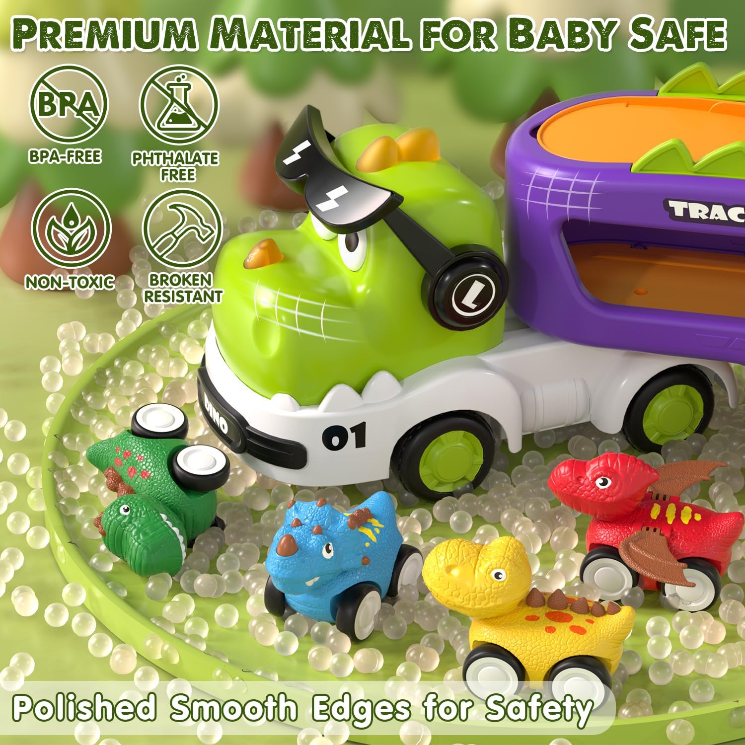 Detalle de Lehoo Castle 5-in-1 Dinosaur Truck Toddler Toy (LED, Pull Back, Slide Park) for 2 Year Olds