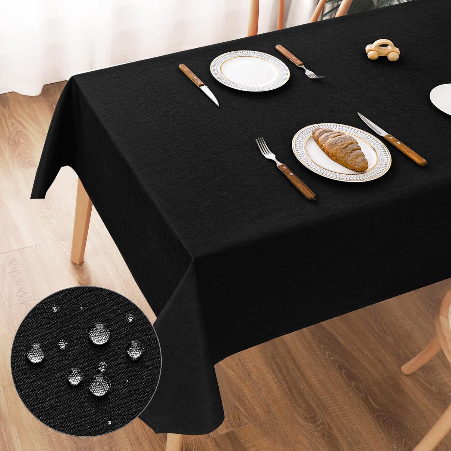 Detalle de AooHome Tischdecke Abwaschbar Schwarz 140x240 cm – Leinenoptik, wasserabweisend + Lotuseffekt