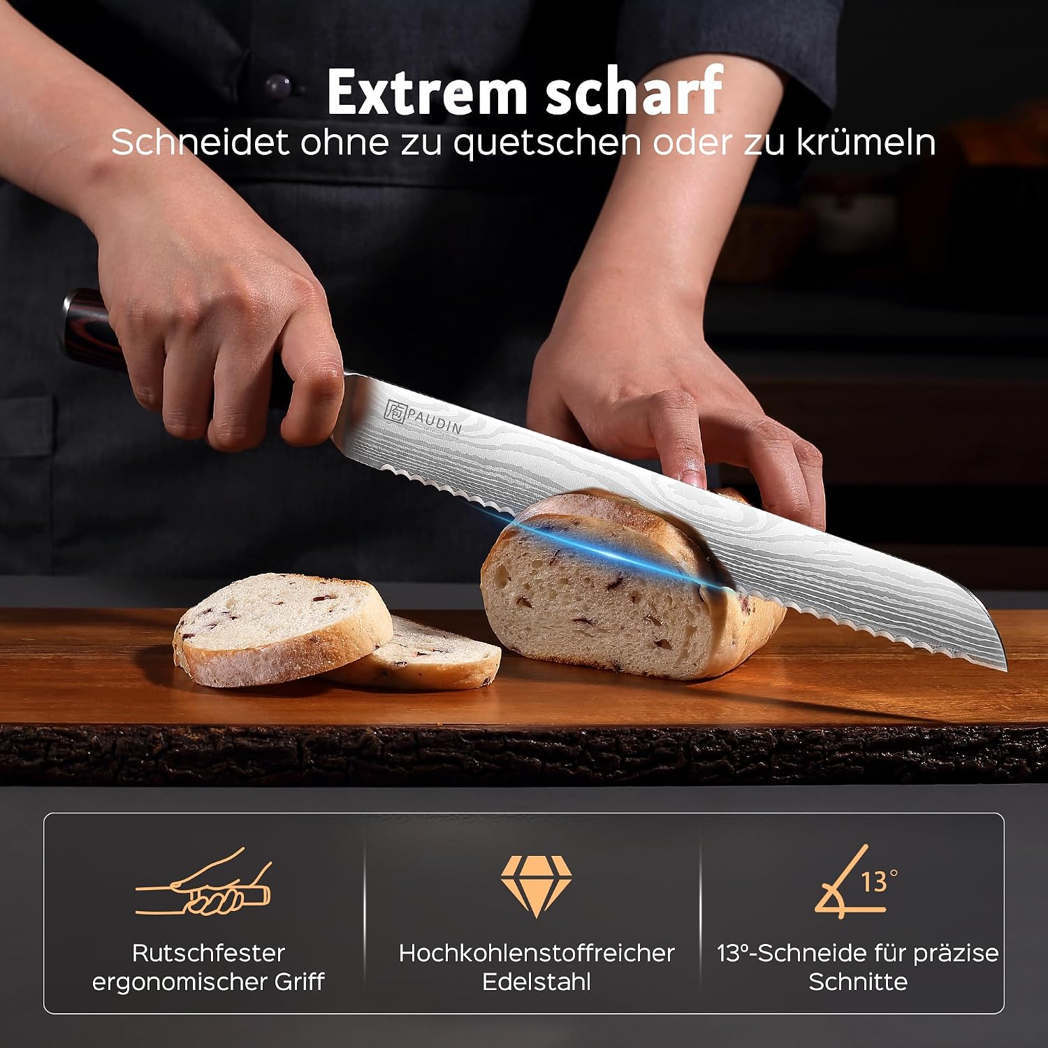 Detalle 2 de PAUDIN Brotmesser 26 cm Wellenschliff rostfreier Edelstahl