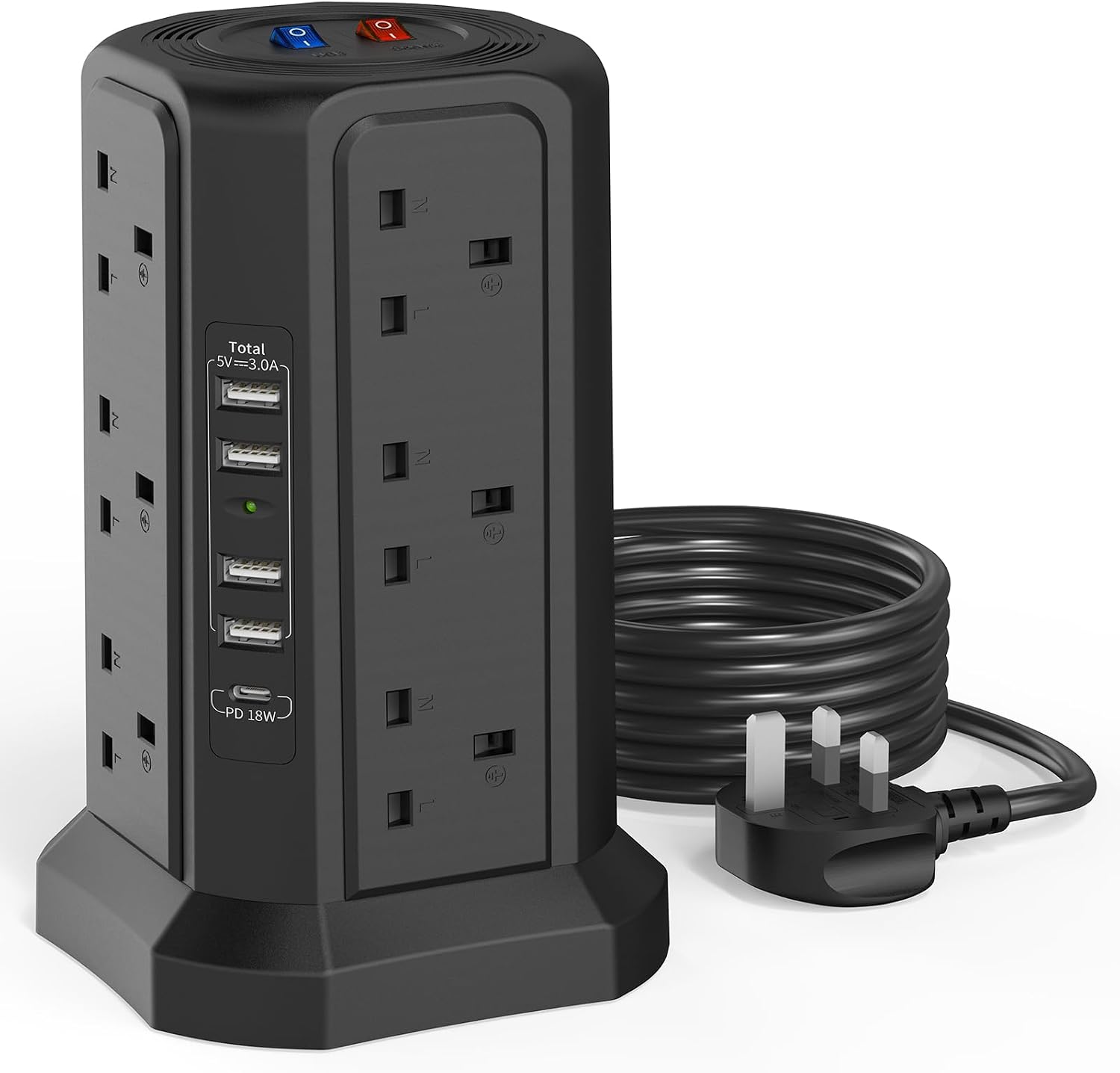 Detalle de Tower Extension Lead 12‑Way 1.8m with 18W USB C and Surge Protection 🔌