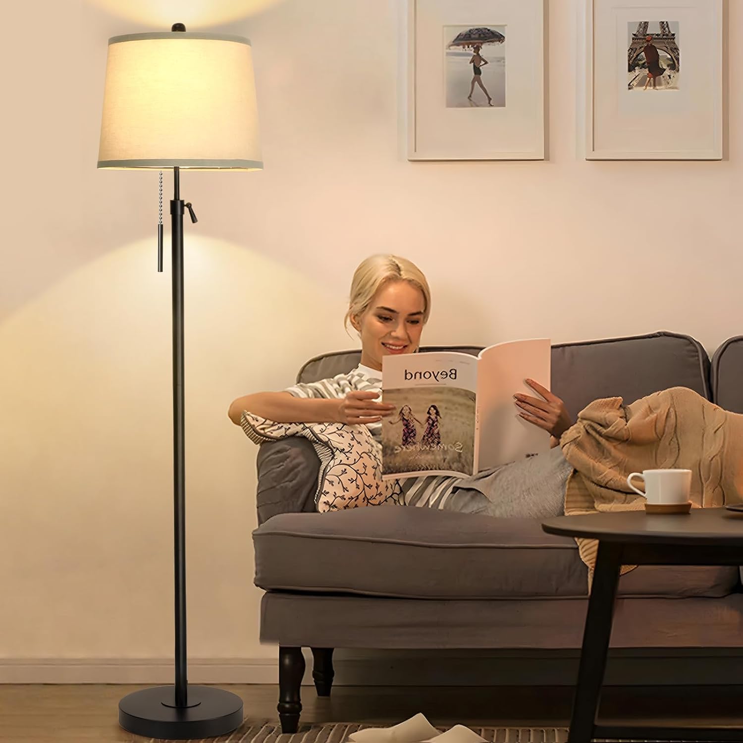 Thumbnail 6 de Qingmiao Stehlampe Wohnzimmer Modern – höhenverstellbar, Stoffschirm, 3 Farbtemperaturen, E27